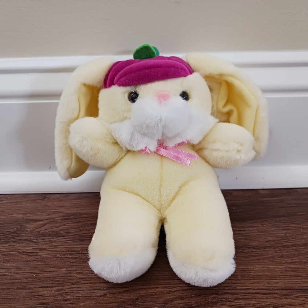 7" Vintage A&A Plush Yellow Bunny Rabbit Pink Hat‎ 1992 Soft N' Cuddly